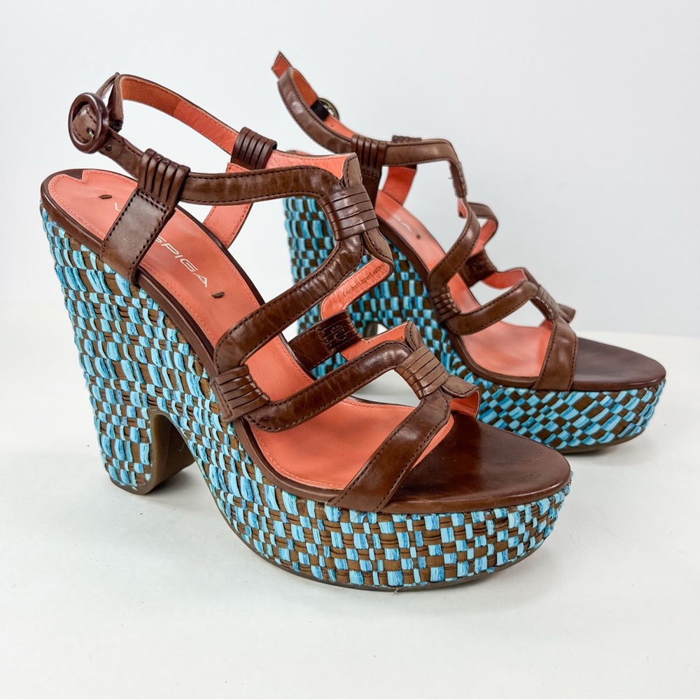 Via Spiga Cai Platform Wedge Strappy Sandal Turquoise Woven Brown Leather size 7